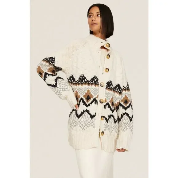 Vanessa Bruno Sz L Cream Vivi Fair Isle Nordic Oversized Wool Cardigan Sweater - Picture 1 of 6